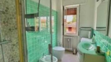 Shower, hair dryer, bidet, towels