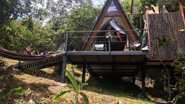 Une structure triangulaire en bois dotée d’une terrasse couverte, entourée de verdure.