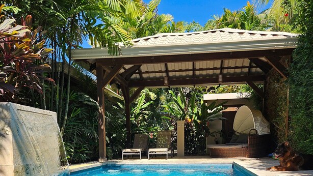 A swimming pool with a pergola and lounge chairs, surrounded by lush tropical plants.