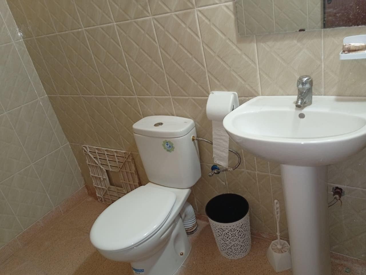 A bathroom with a toilet, sink, and a trash bin.