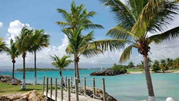 A coastal resort with a wooden deck, palm trees, and turquoise waters.