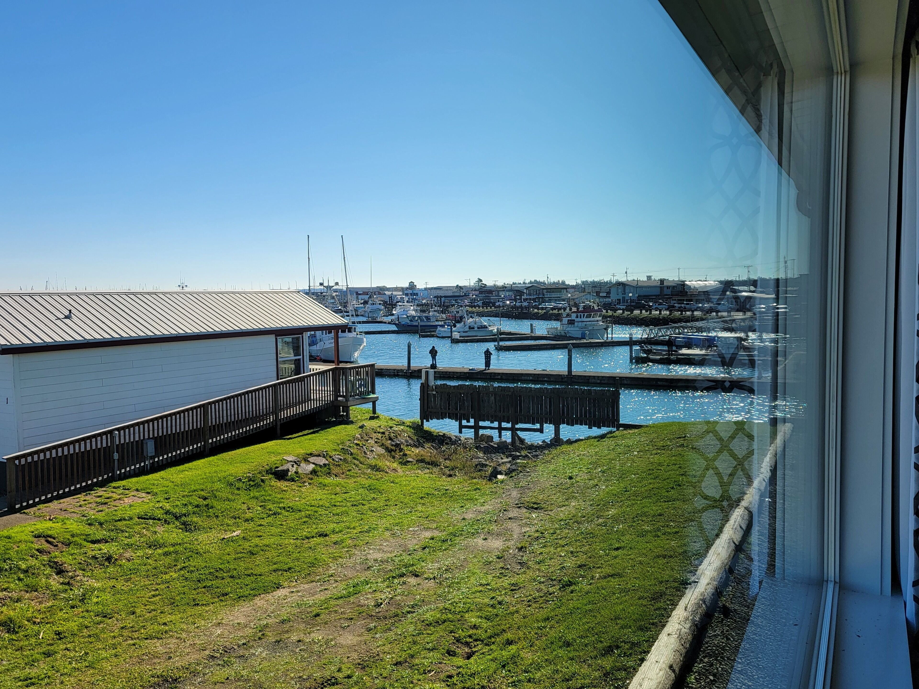 A marina with boats docked, a grassy area, and a building with a metal roof.