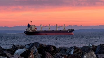 A cargo ship at sea during sunset with rocky shores in the foreground.