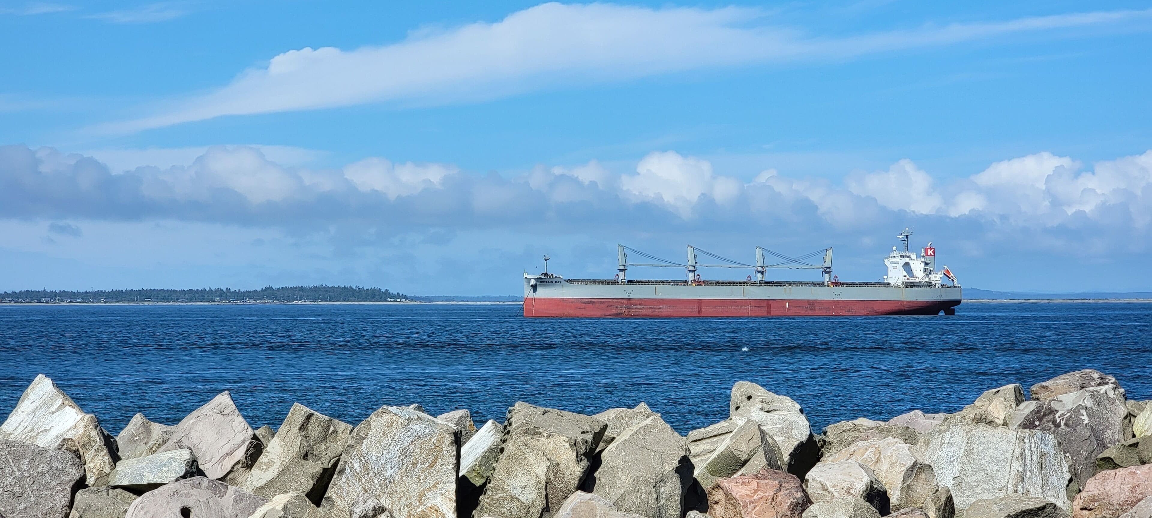 A large cargo ship on a calm body of water with a rocky breakwater in the foreground and a distant shoreline with trees.