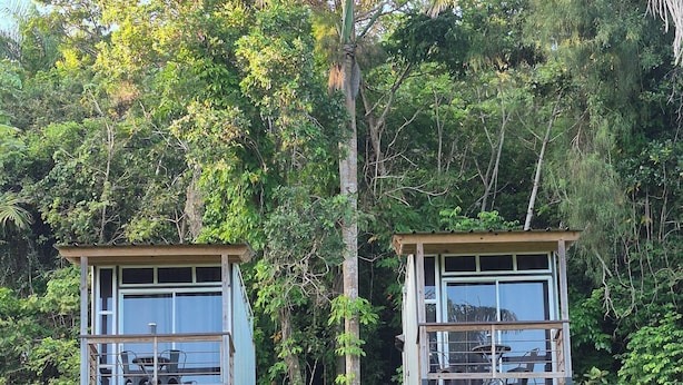 Two wooden structures with balconies, surrounded by lush greenery and a peacock on the grass. - Tierra Adentro Bed & Breakfast (Naguabo)
