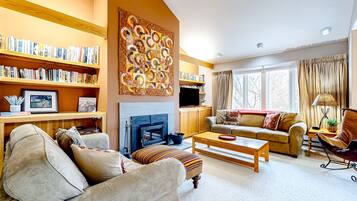 TV, fireplace, books