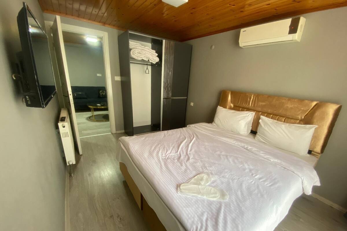 Un dormitorio con cama, televisor, armario y aire acondicionado.