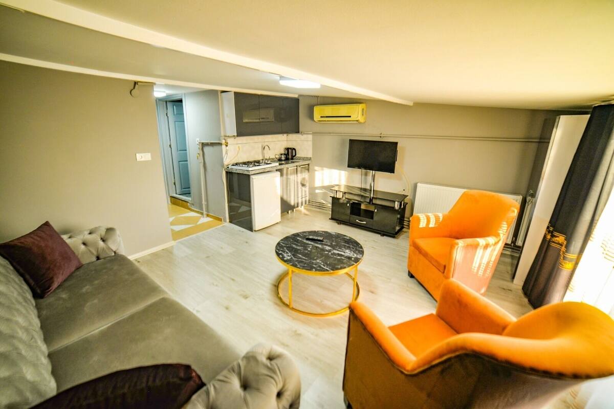 Una sala moderna con un sofá, una mesa de centro y un sillón naranja. Cuenta con un área de cocina con estufa, lavamanos y un televisor de pantalla plana.