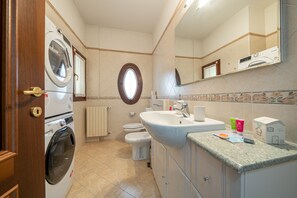 Ein Badezimmer mit Waschmaschine, Toilette, Waschbecken und Spiegel.