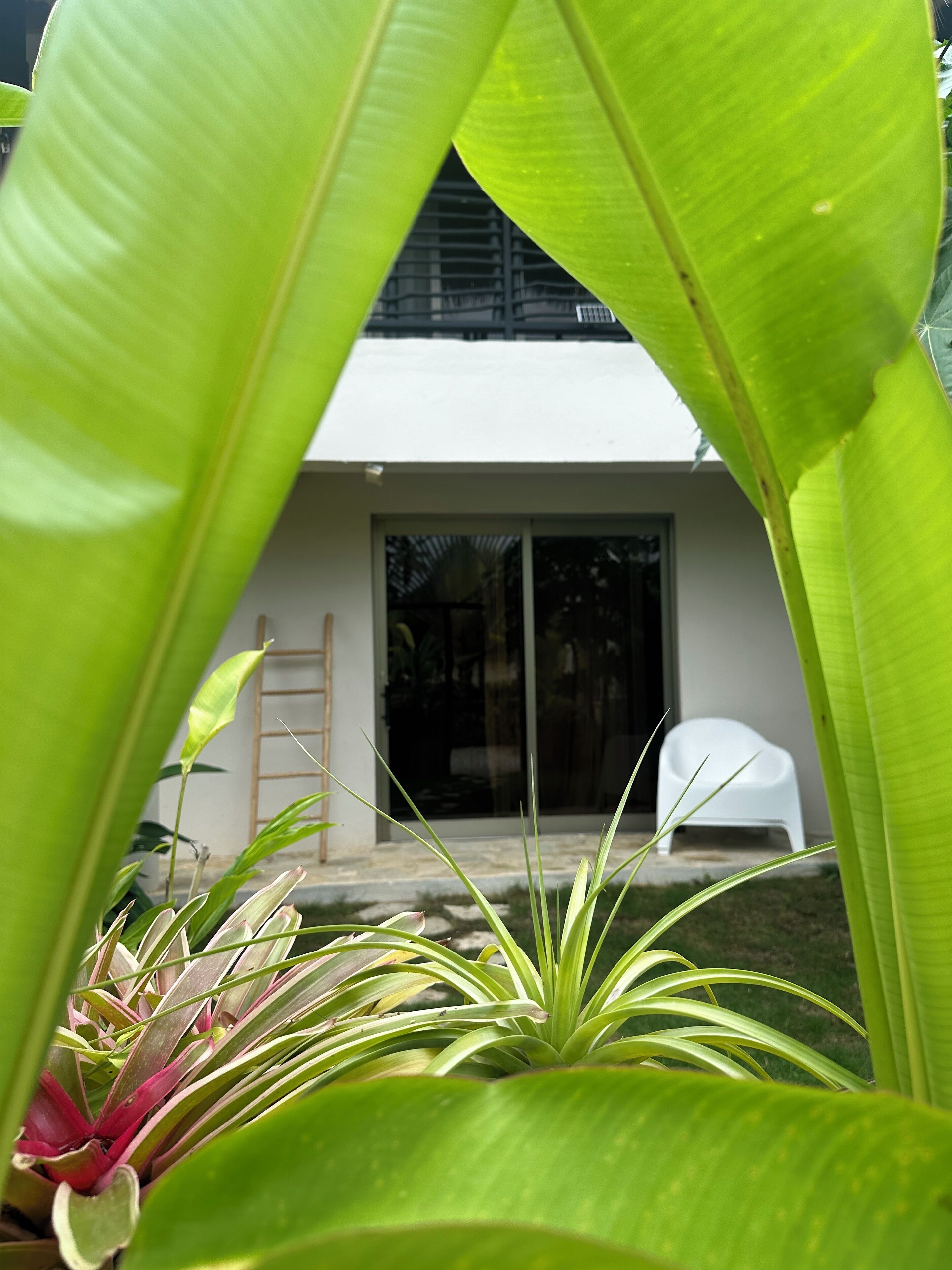 A modern house with a glass door and a white chair outside.