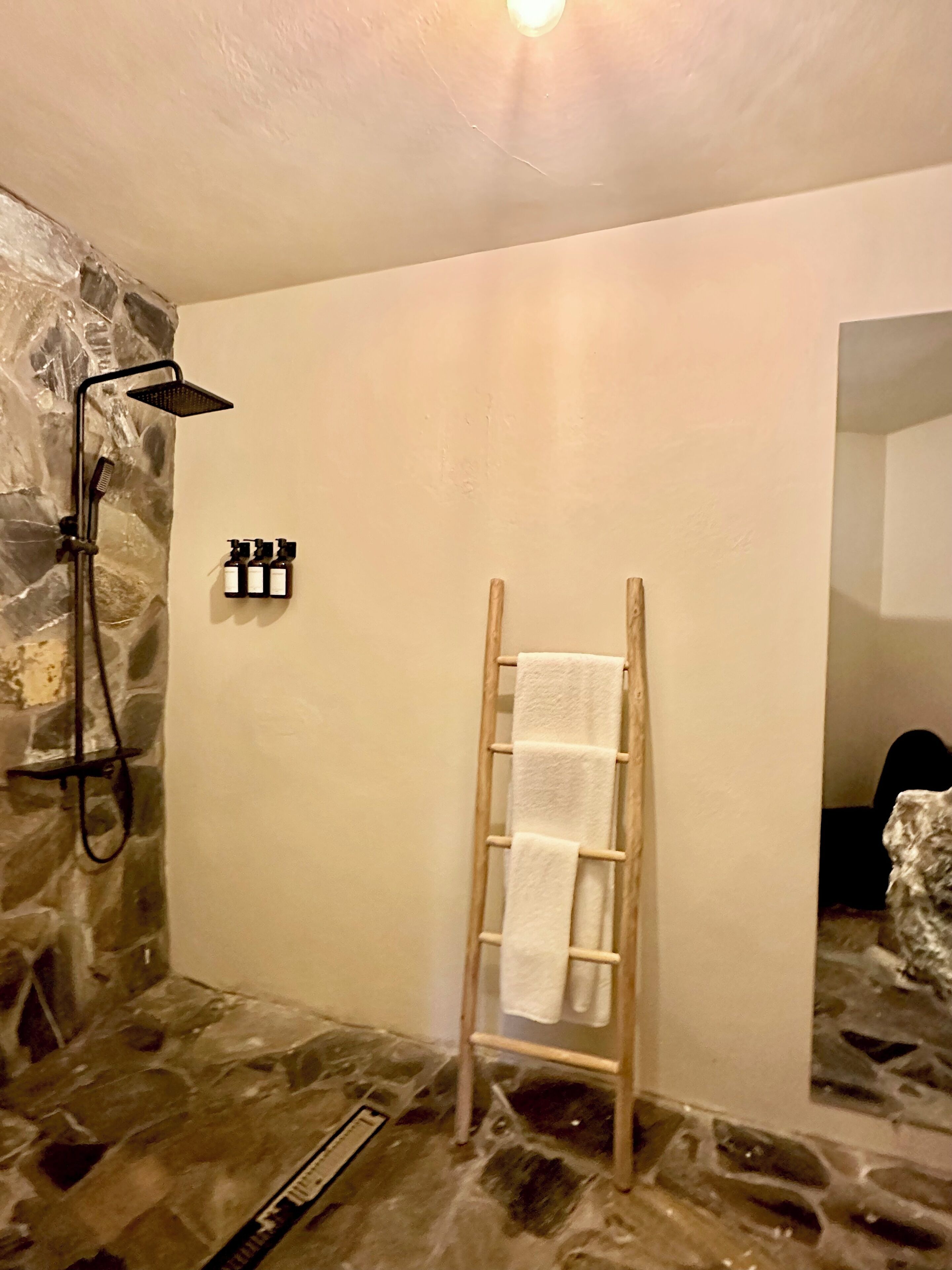 Un baño con pared de piedra, ducha, perchero de madera y espejo.