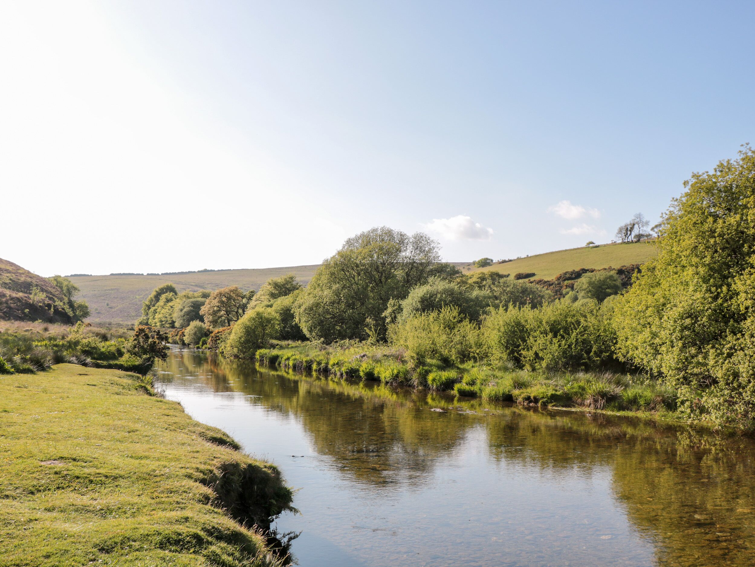 A river flowing through a green landscape with trees and hills in the background.