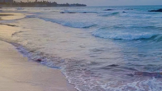 Une plage où les vagues viennent doucement lécher le rivage, une côte lointaine parsemée de bâtiments et un ciel nuageux.