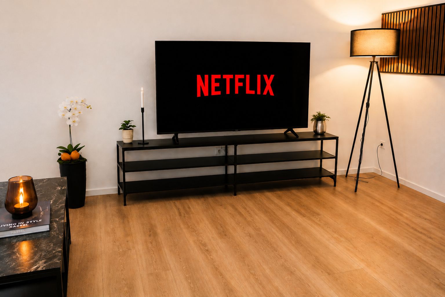 Ein modernes Wohnzimmer mit einem Flachbildfernseher auf einem schwarzen Fuß, einer Stehlampe und einem kleinen Tisch mit Kerze und Buch.