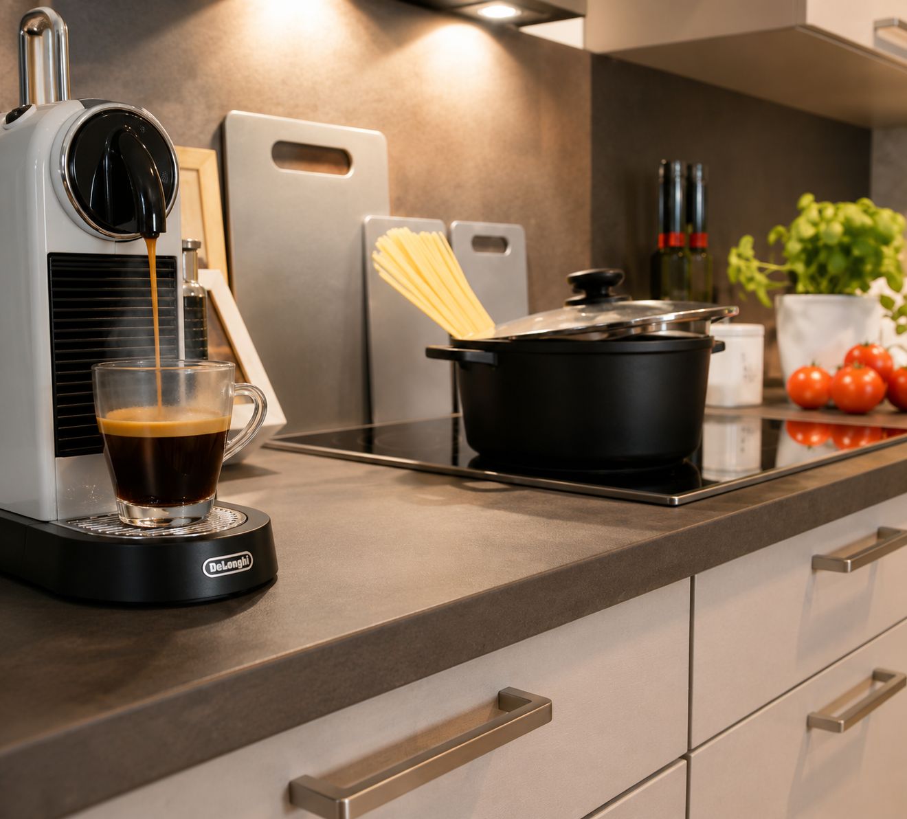 A kitchen with a coffee machine, a glass of coffee, a pot on the stove, and a cutting board with pasta.