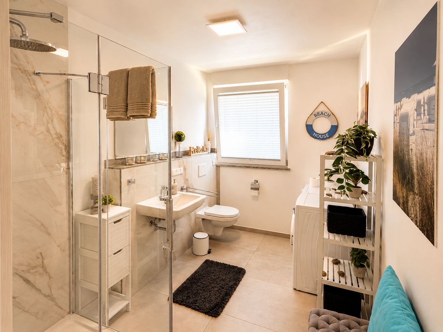 A modern bathroom with a glass-enclosed shower, a sink, a toilet, and a window.