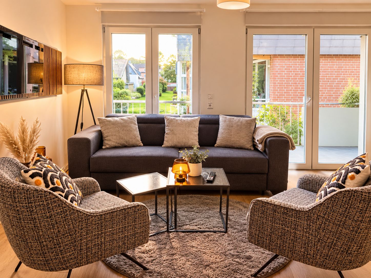 Ein modernes Wohnzimmer mit einer Couch, zwei Sesseln, einem Couchtisch und einer Lampe.