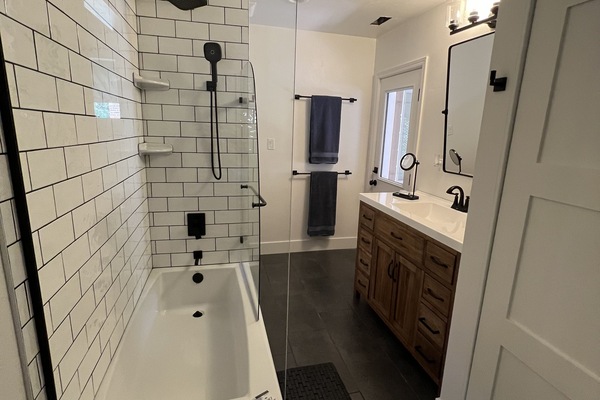 Hair dryer, towels, soap, shampoo