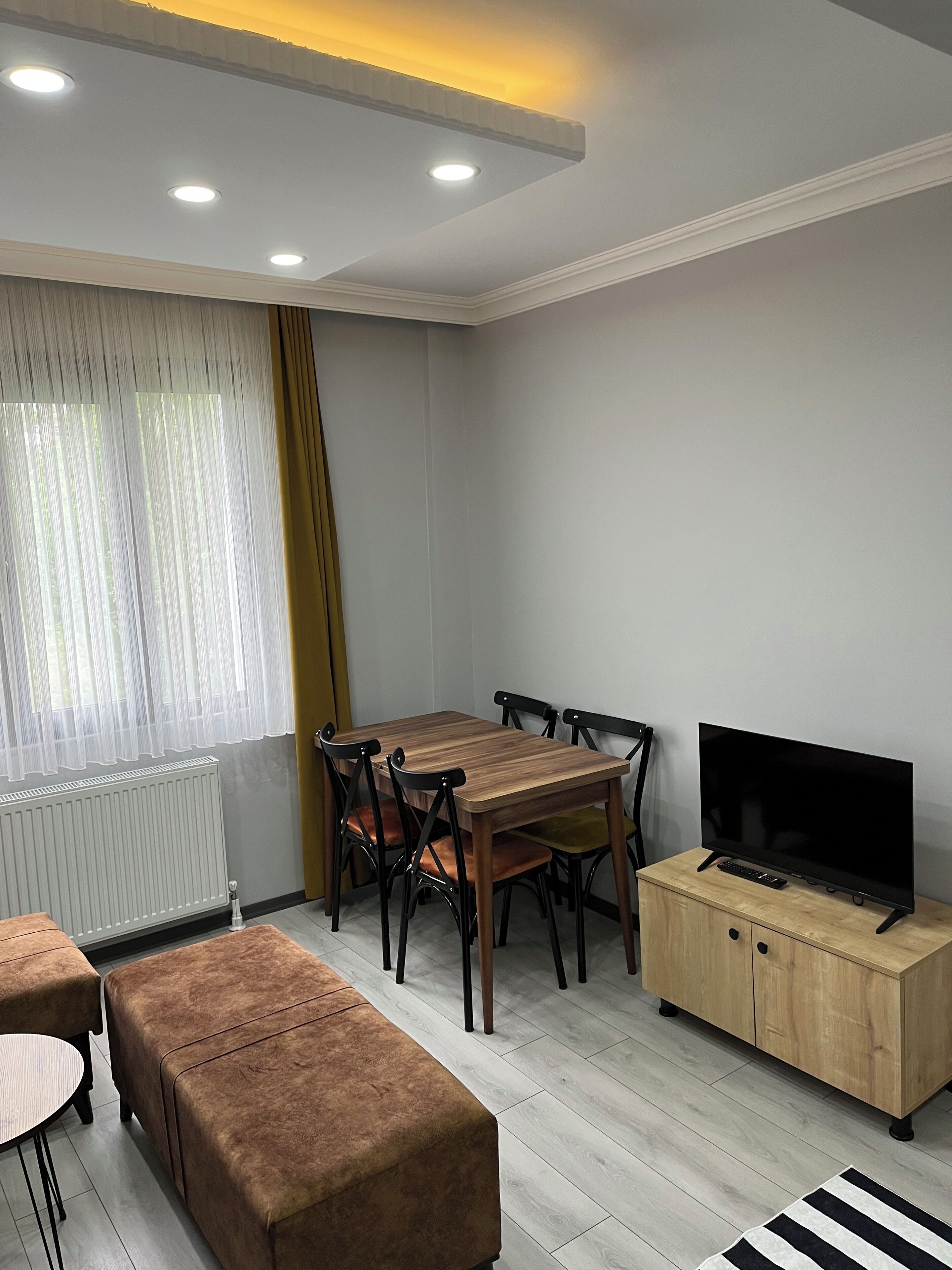 Ein modernes Wohnzimmer mit Esstisch, Stühlen, einem Fernseher auf einer Holzkommode und einer Heizung.