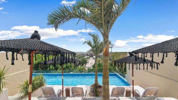 Zona junto a la piscina con sillones de descanso y sombrillas, una palmera y vistas a una piscina y edificios a lo lejos.