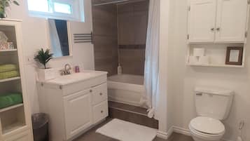 Hair dryer, towels, soap, shampoo