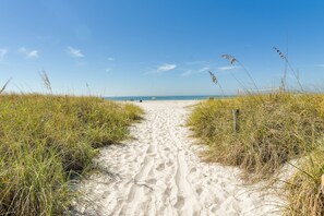 Een zandpad dat naar een strand leidt, met hoge grassen aan weerszijden.