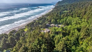 A coastal landscape with a beach, forested hills, and residential buildings.