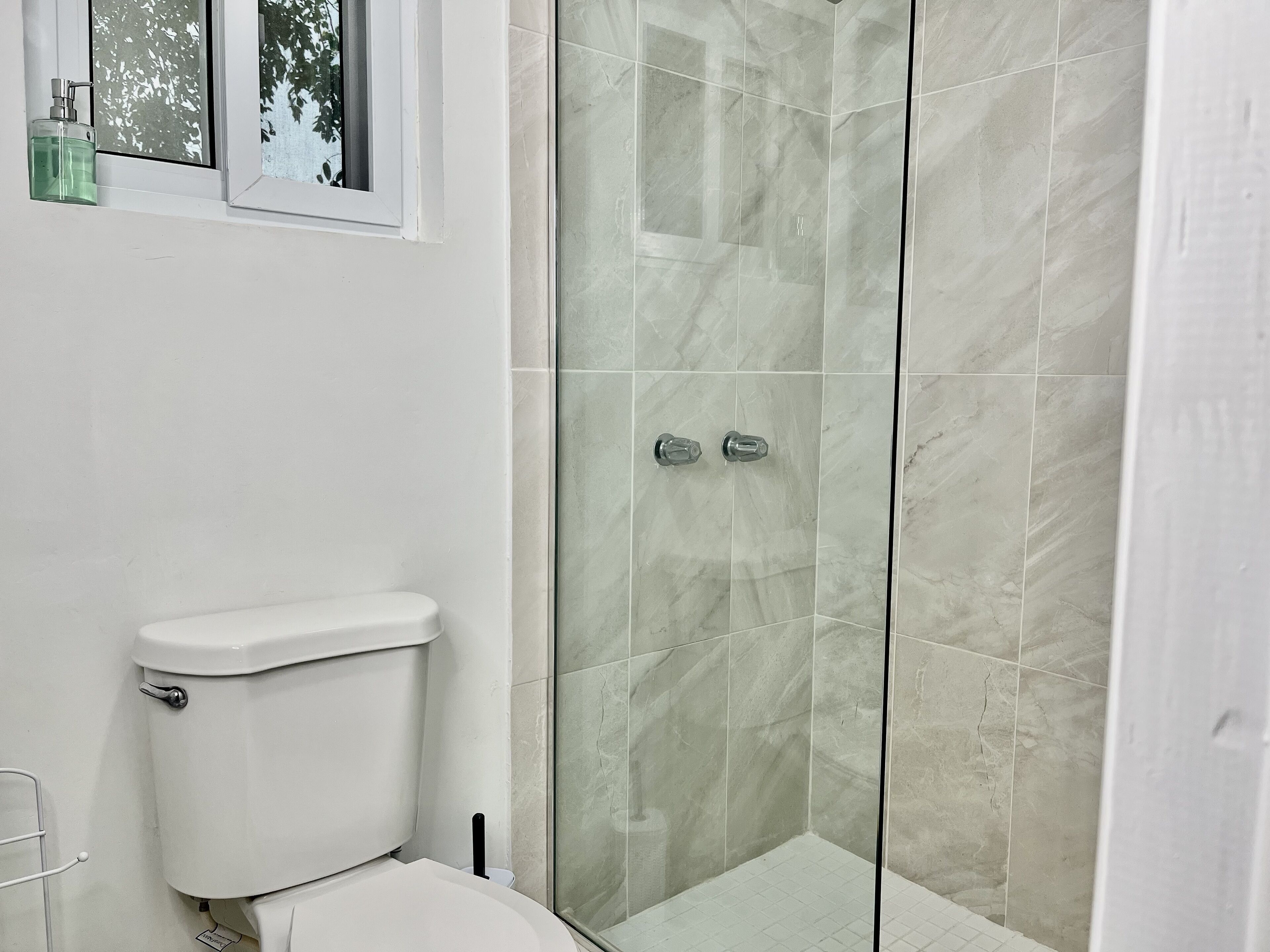 Shower, hair dryer, towels, soap