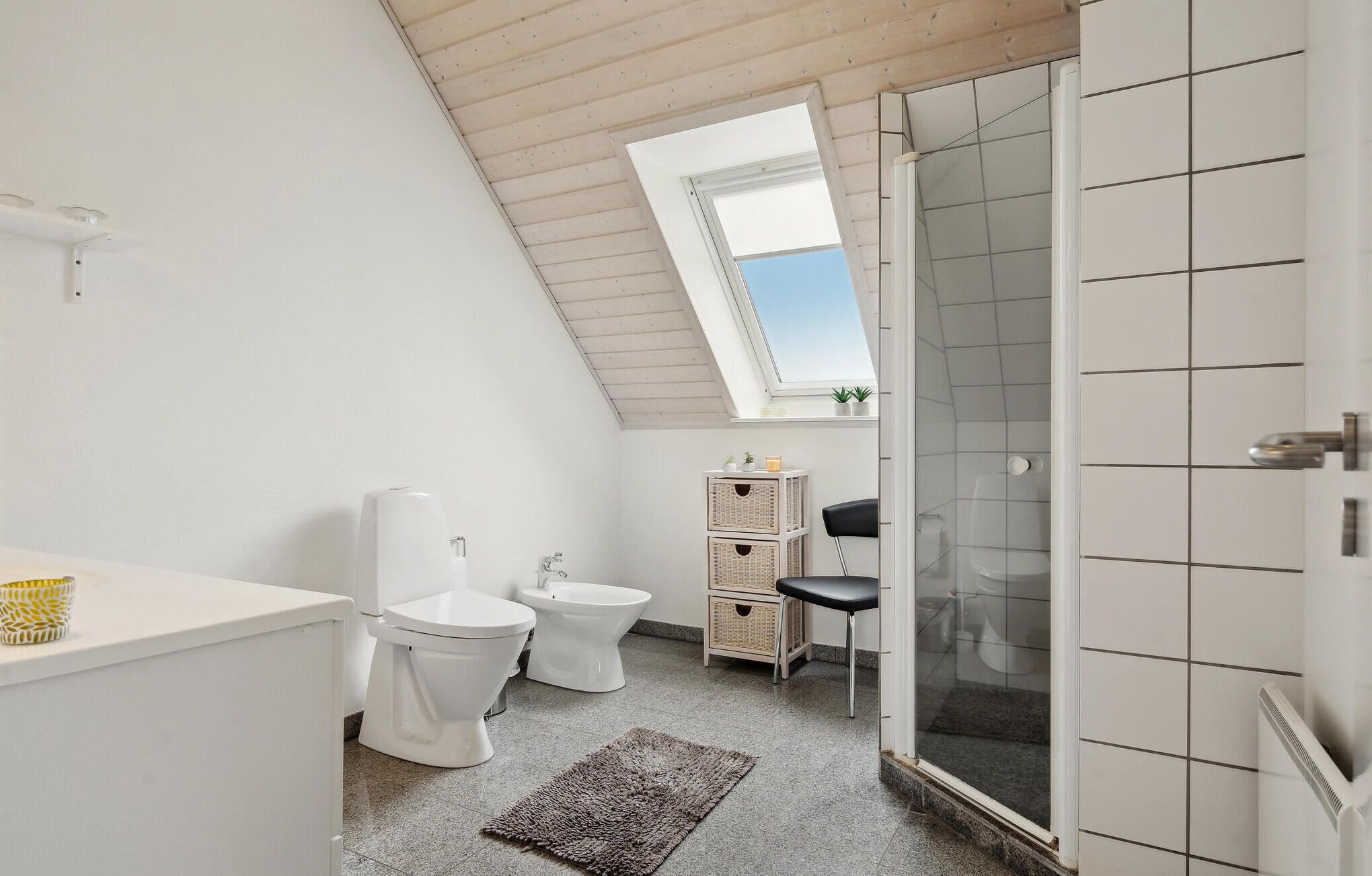 Een moderne badkamer met dakraam, twee toiletten, een douche en een klein wastafelgedeelte.