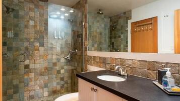 Hair dryer, towels, soap, shampoo