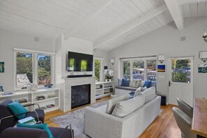 Una Smart TV, una chimenea, libros, una pantalla de ordenador