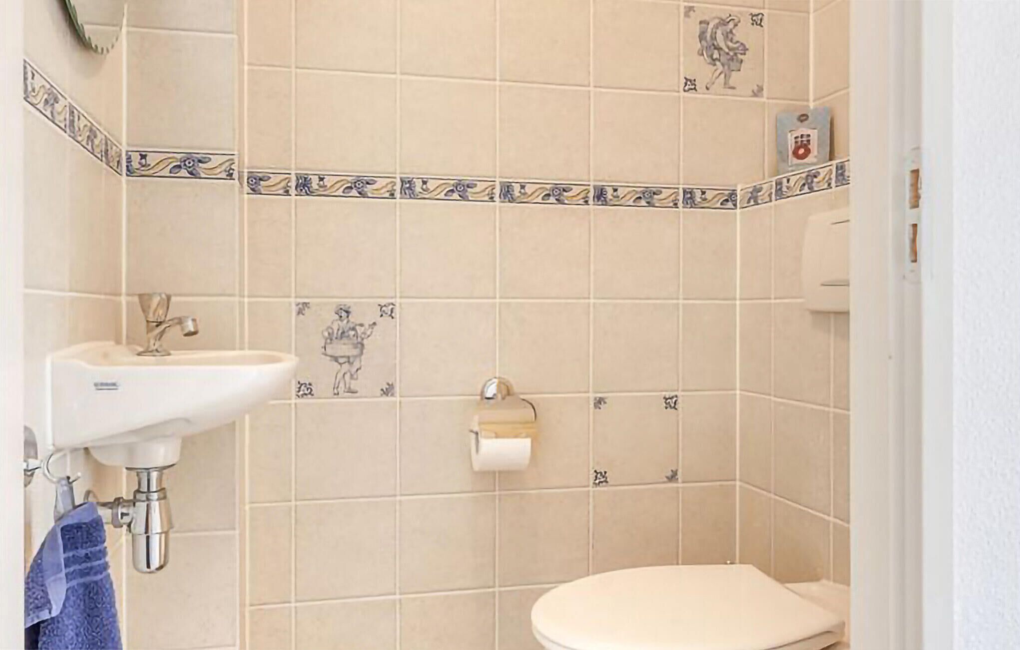 A bathroom with a sink, toilet, and decorative tiles.