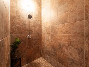 Jetted tub, hair dryer, towels, soap