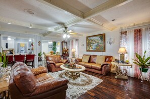 TV, fireplace, DVD player, books - Spacious Bryan Vacation Rental w/ Pool & Patio! (Bryan)