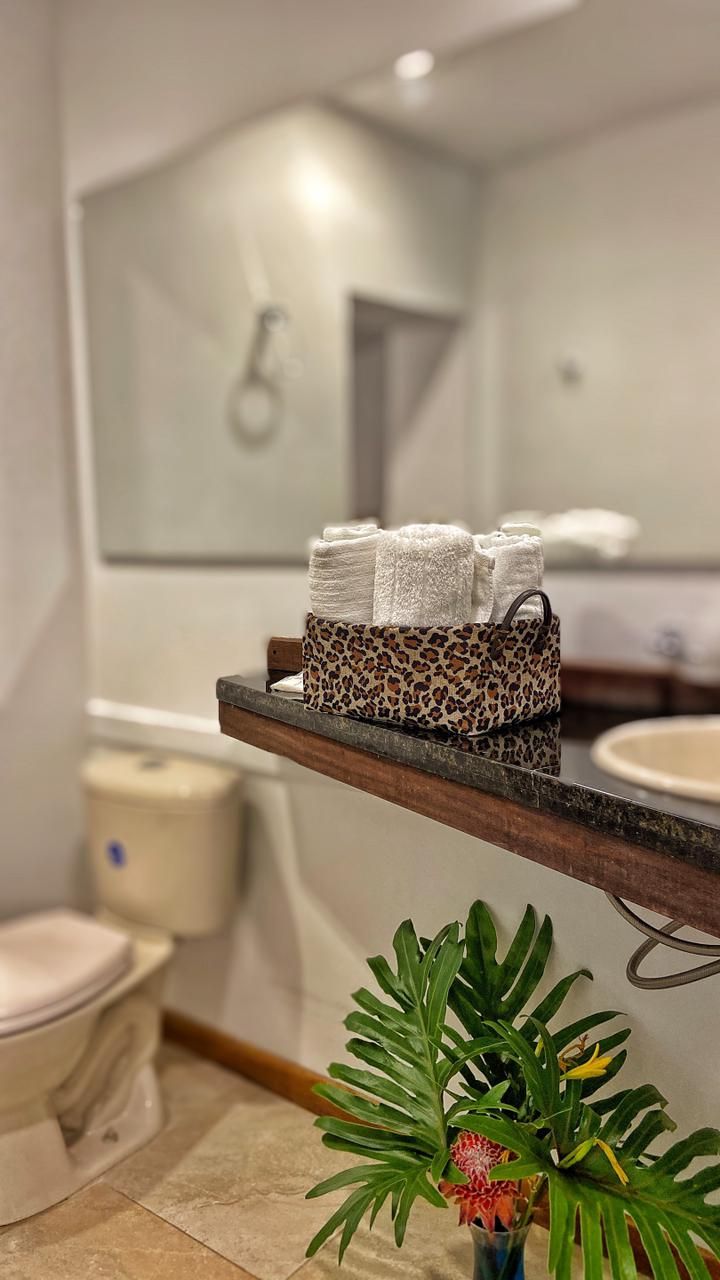 Un baño con un perchero que sostiene toallas blancas, un bolso estampado de leopardo y una planta en maceta con hojas verdes y una flor roja.