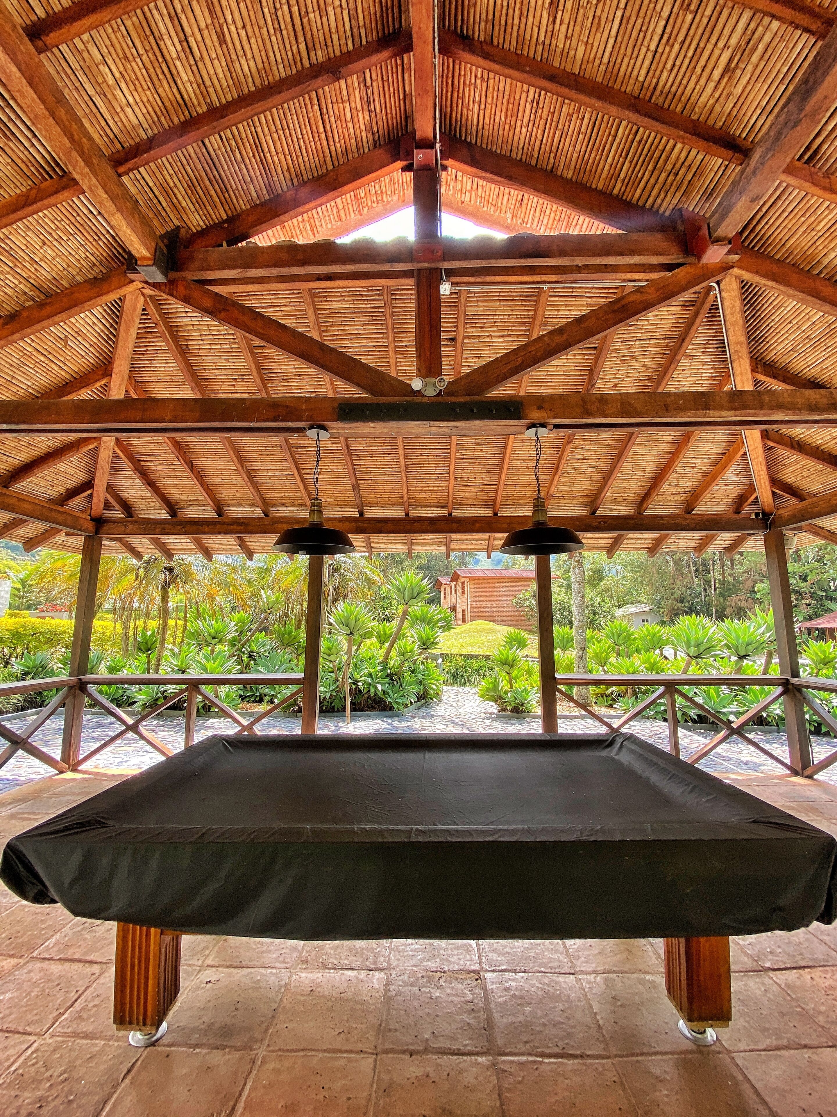 Un espace extérieur abrité, doté d’une structure en bois, d’une table noire et offrant une vue sur la verdure et les bâtiments en arrière-plan.