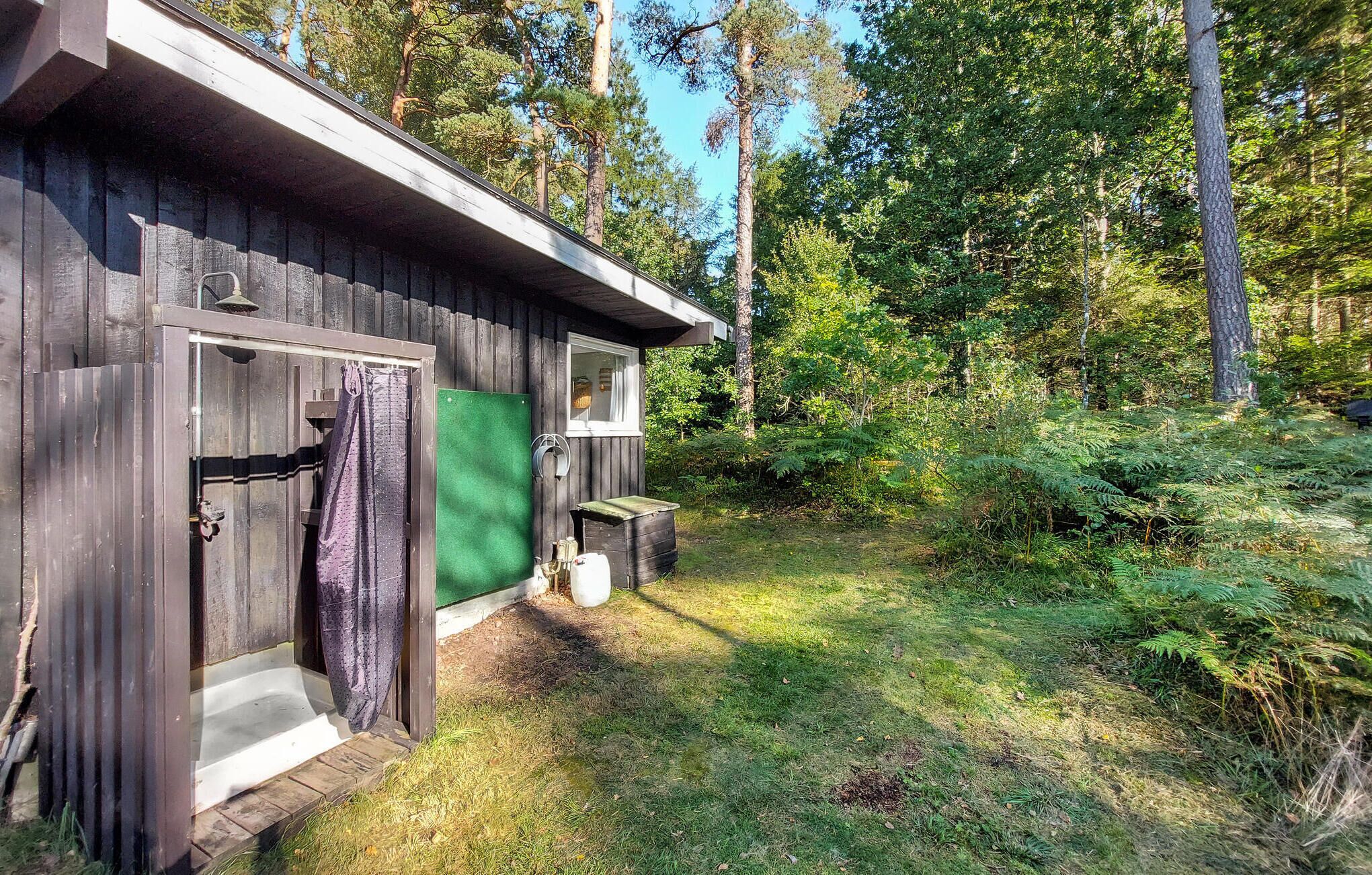 A rustic cabin with a wooden exterior, a small porch, and a green door.