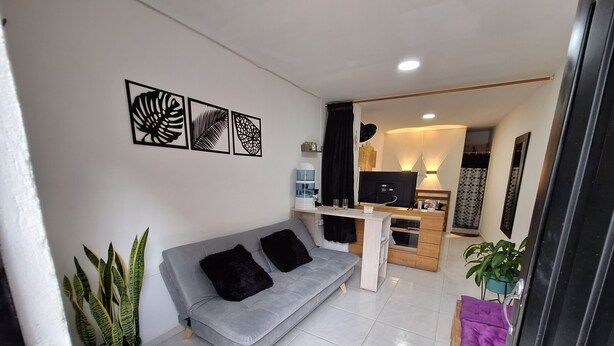 Un soggiorno moderno con un divano grigio, cuscini neri e un tavolino. C'è una TV su un mobile in legno, un angolo cottura con frigorifero e lavello, e una pianta in vaso.