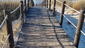 Pasarela de madera que conduce a una playa con arena a ambos lados.