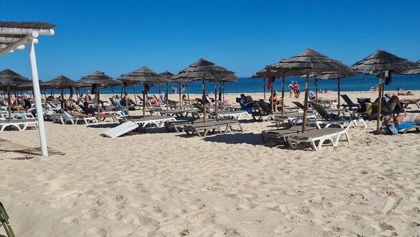 Una playa con tumbonas y sombrillas de paja.