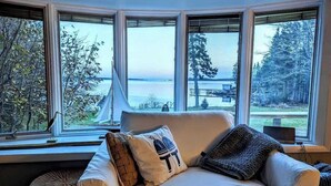 A room with a large window, a white sofa, and a view of a forest and water.