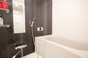Hair dryer, towels, soap, shampoo