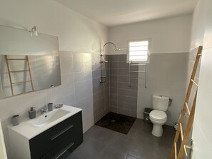 Shower, towels, soap, toilet paper