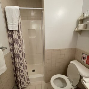 Ducha, secador de pelo, toallas, jabón