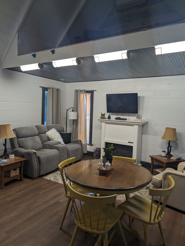 Smart TV, fireplace, DVD player, books