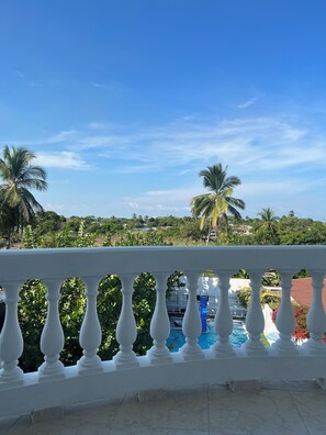 A balcony with a white balustrade overlooking a swimming pool and palm trees.