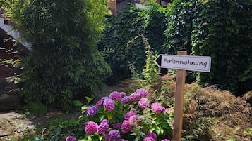 A garden with hydrangea bushes and a sign indicating a residential area.