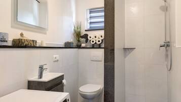 Shower, hair dryer, towels