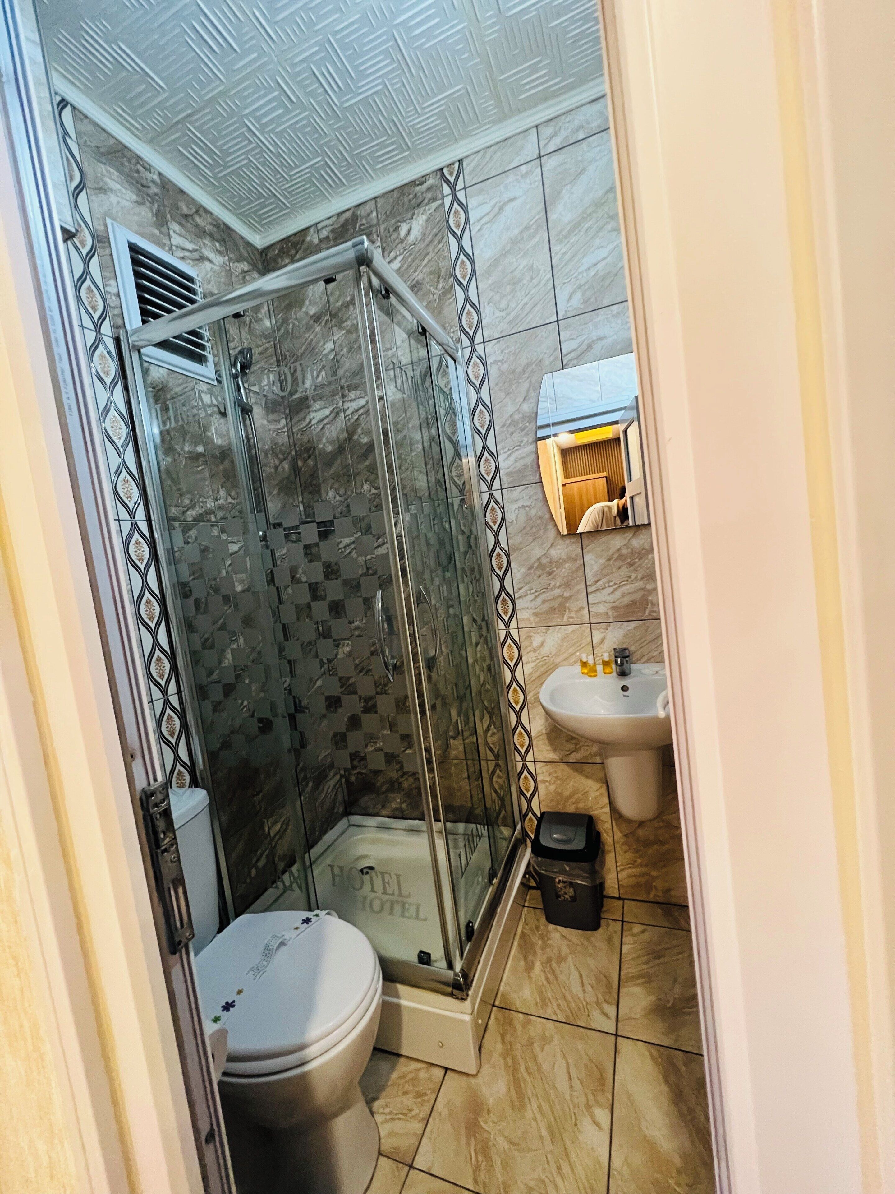 A bathroom with a glass-enclosed shower, a toilet, a sink, and a mirror.