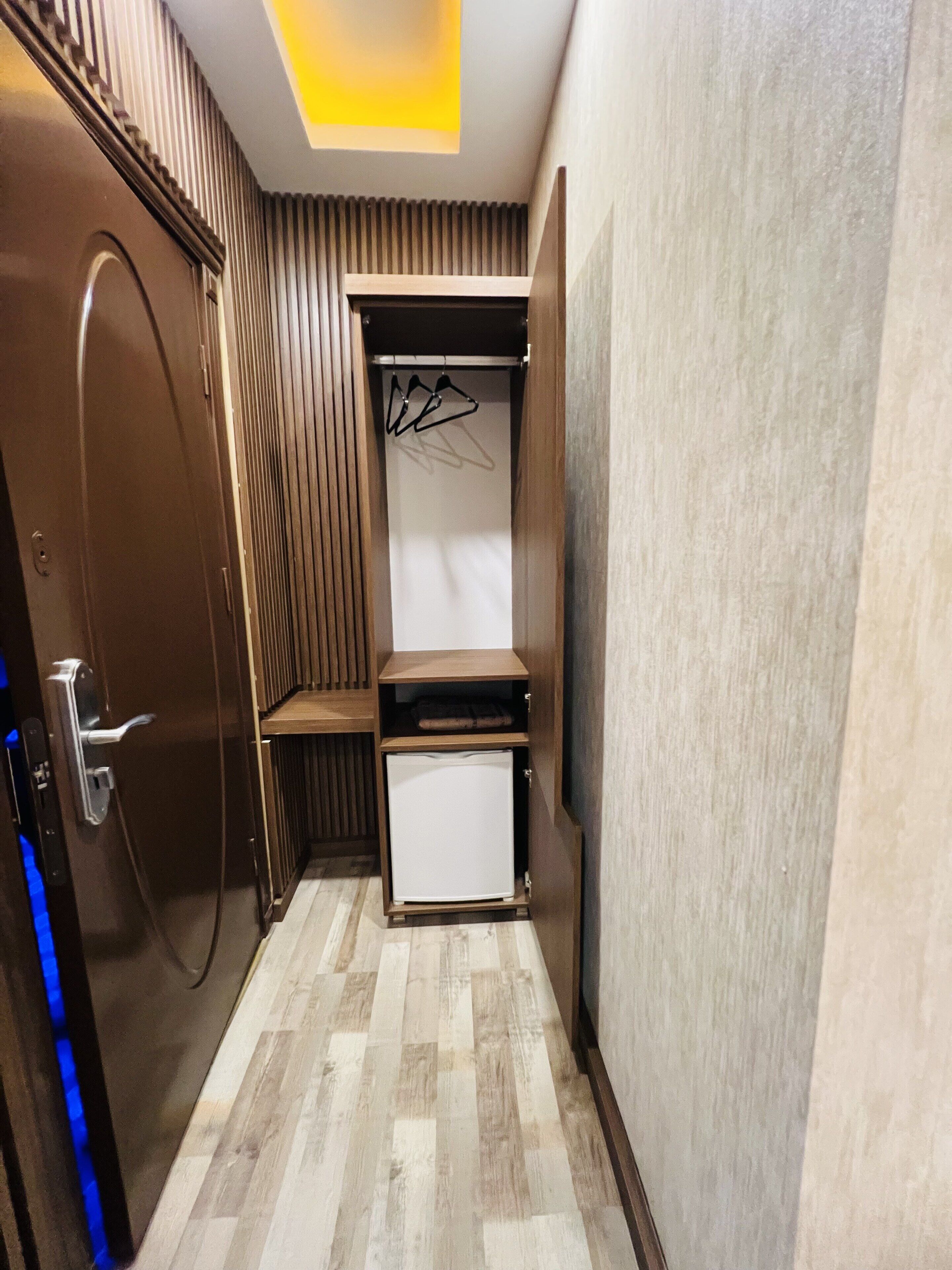 A narrow hallway with a wooden door, a small storage unit with a white appliance, and a hanging rack.